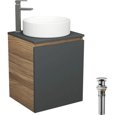 Тумба Bauedge Bau Dream Blackwood 50 графит, раковина BAU Dream круглая, смеситель для раковины высокий Hotel Still, нержавеющая сталь, выпуск клик-клак, хром SD4052