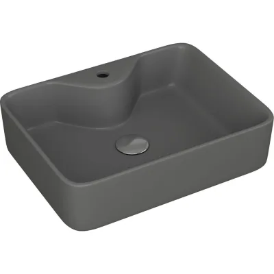 Раковина прямоугольная накладная Bauedge BAU Cerama 48x37, с отверстием под смеситель, темно-серая матовая + выпуск клик-клак, хром YBD2543