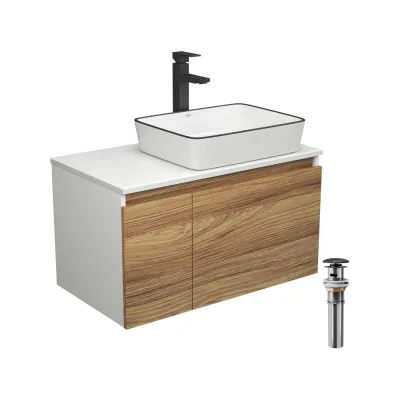 Комплект для ванной Bauedge 4 предмета (тумба Bau Dream 80 + раковина BAU 48x37, белая + смеситель Hotel Black, выпуск клик-клак, черный) BD1758