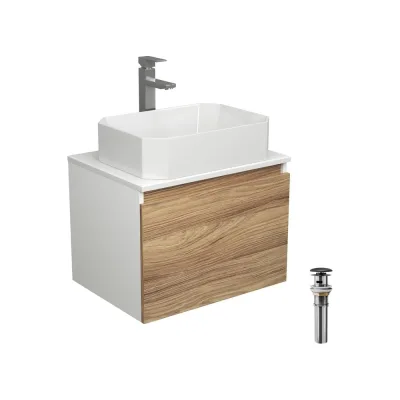Комплект для ванной Bauedge 4 предмета (тумба подвесная Bau Blackwood 60 + раковина BAU Hotel 51x37 + смеситель Hotel Still, нерж. сталь, выпуск черный) BD2483