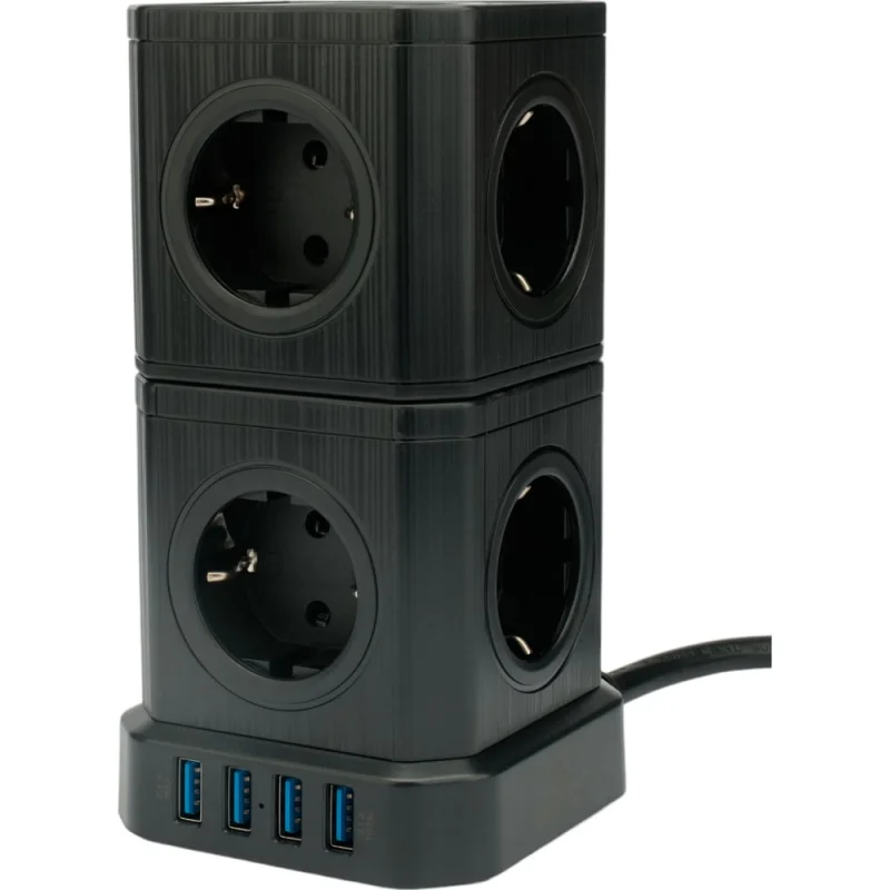 Сетевой фильтр Cablexpert tower, 9р, 16а, 4хusb, 3.1а, 2м, ур.защиты 4+, черный, коробка, TWR-9-U4-B-2
