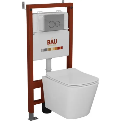 Комплект Bauedge BAU 6 в 1: инсталляция BAU PRO, унитаз подвесной безободковый Bau Stil 51, сиденье дюропласт микролифт, клавиша BASIC хром Q111300-BS0002-01.02.19
