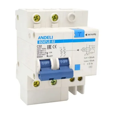 Дифференциальный автоматический выключатель ANDELI DZ47LE-32 2P 32A 30mA ток AC тип С ADL02-005