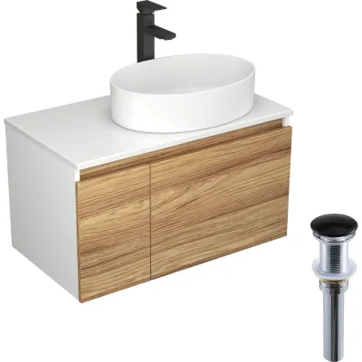 Комплект для ванной Bauedge 4 предмета (тумба Bau Dream Blackwood 80, раковина BAU Nimb 50x36, смеситель для раковины высокий Hotel Black, черный, выпуск клик клак, черный) BD1582