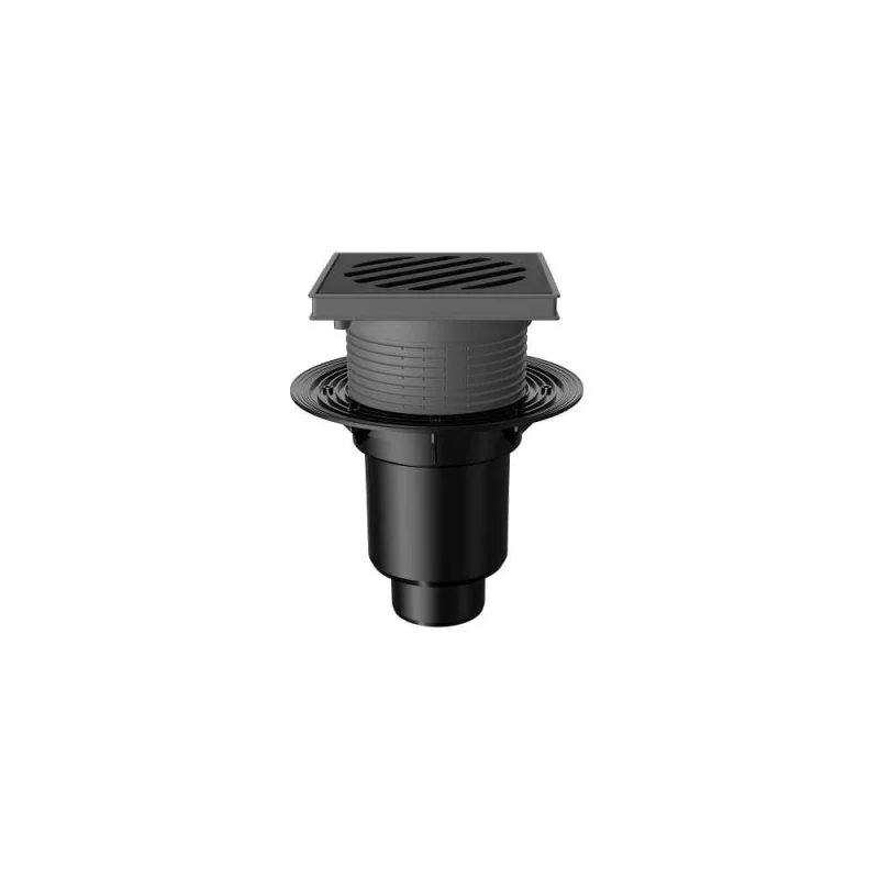 Регулируемый трап Fachmann t 616.0 pnsp 241x241 вертикальный выпуск, dn 110/160, с корзинкой и незамерзающим сифоном, без прижимного фланца, решетка чугунная, пластиковый подрамник 04.093