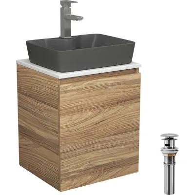 Тумба Bauedge Bau Dream Blackwood 50 с дверцей, раковина BAU Cerama 48х37 темно-серая матовая, смеситель Hotel Still, нерж. сталь, выпуск клик-клак, хром SD3187