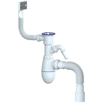 Сифон для кухни Unicorn 1.1/2"х40, нержавеющий выпуск, отвод для стиральной машины, прямоугольный перелив, с универсальной гибкой трубой, 40х40/50 B442V ИС.110316 534499