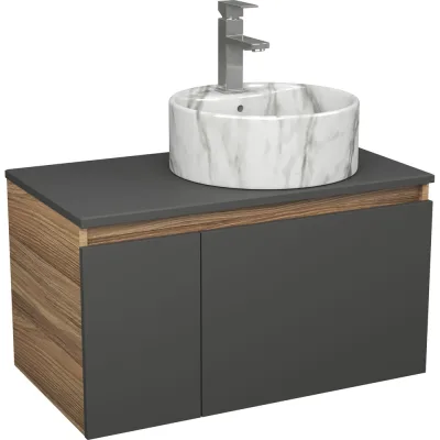 Комплект Bauedge тумба подвесная Bau Dream Blackwood графит 80, 1 ящик, дверца слева, раковина круглая накладная BAU Element D41, мрамор, смеситель Hotel Sti BD3066