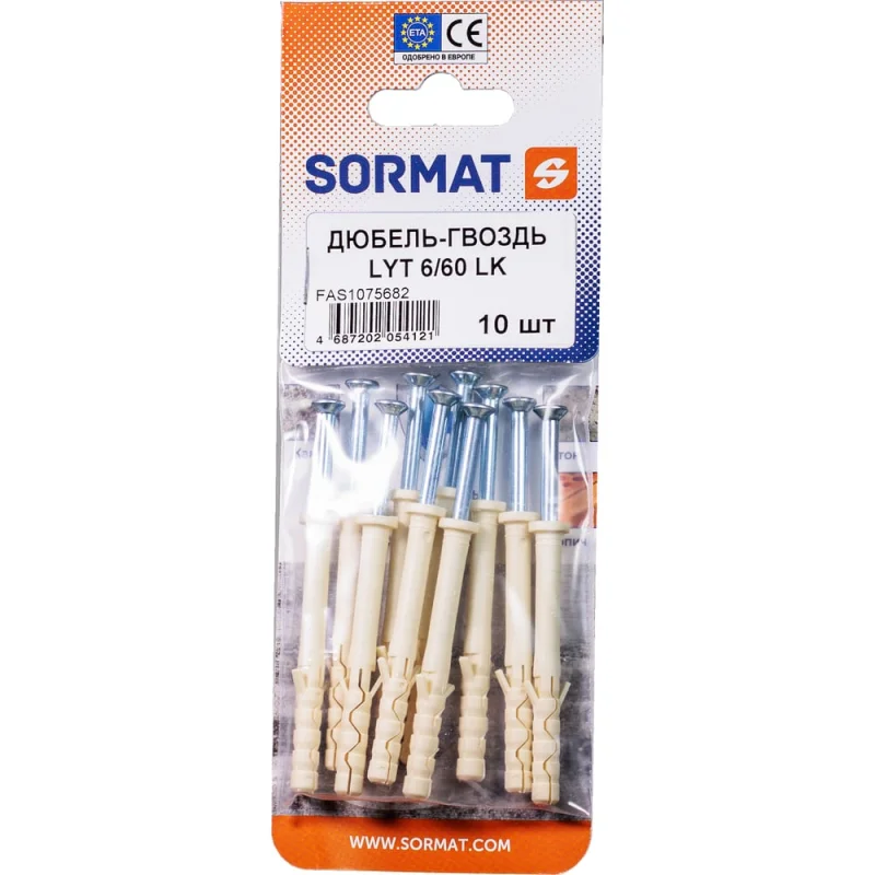Дюбель-гвоздь SORMAT LYT 6/60 LK SP нейлоновый 10 шт FAS1075682