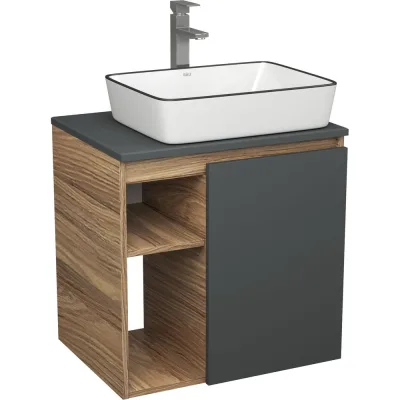 Тумба Bauedge Bau Dream Blackwood 60 правая, графит, раковина BAU Hotel Black Rand 48х37, смеситель для раковины высокий Hotel Still нержавеющая сталь SD4248