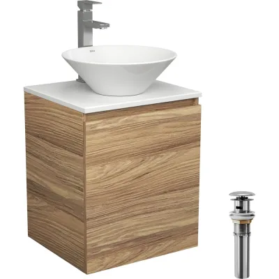 Тумба Bauedge Bau Dream Blackwood 50 с дверцей, раковина BAU Dream D43, смеситель для раковины высокий Hotel Still, нержавеющая сталь, выпуск клик-клак, хром SD3070