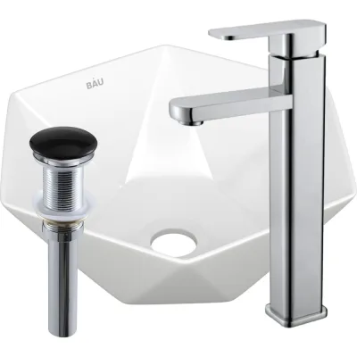 Раковина накладная на столешницу со смесителем и выпуском Bauedge BAU Crystal (40x40, белая + смеситель Hotel Still, нер. сталь, выпуск клик-клак черный) BH1194