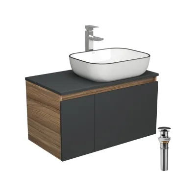 Комплект для ванной Bauedge 4 предмета (тумба Bau 80, графит + раковина BAU Stil Black Rand 50х40 + смеситель Hotel Still, выпуск клик-клак, черный) BD2230