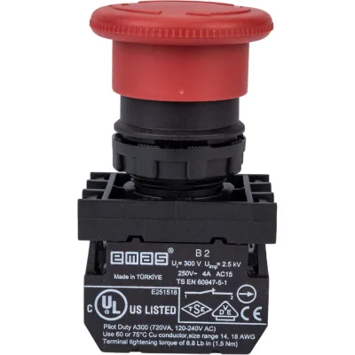 Аварийная кнопка Emas Грибок, возврат поворотом, 1НО+1НЗ, серия B, 250В AC, 4А B102E