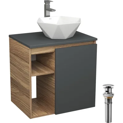 Тумба Bauedge Bau Dream Blackwood 60 правая, графит, раковина BAU Crystal 40х40, смеситель для раковины высокий Hotel Still, нержавеющая сталь, выпуск клик клак SD4285