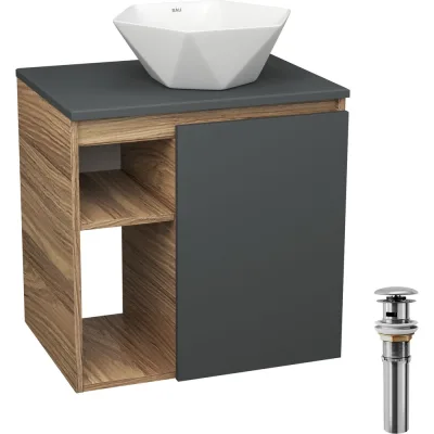 Тумба Bauedge Bau Dream Blackwood 60 правая, графит, раковина BAU Crystal 40х40, выпуск клик клак хром SD4280