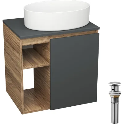 Тумба Bauedge Bau Dream Blackwood 60 правая, графит, раковина BAU Nimb 50х36, выпуск клик клак хром SD4226