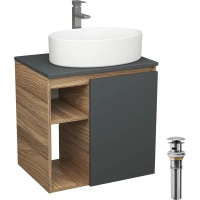 Тумба Bauedge Bau Dream Blackwood 60 правая, графит, раковина BAU Nimb 50х36, смеситель для раковины высокий Hotel Still, нержавеющая сталь, выпуск клик клак, SD4231