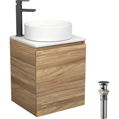 Тумба Bauedge Bau Dream Blackwood 50 с дверцей, раковина BAU Dream круглая, смеситель для раковины высокий Hotel Black, черный, выпуск клик-клак, черный SD3054