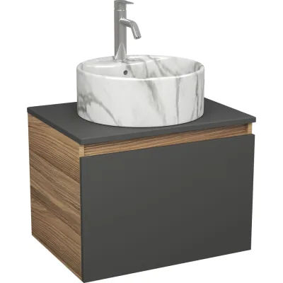 Комплект Bauedge тумба Bau Dream Blackwood графит 60, 1 ящик, раковина круглая накладная BAU Element D41, мрамор, смеситель Hotel Dream, нерж. сталь BD3054