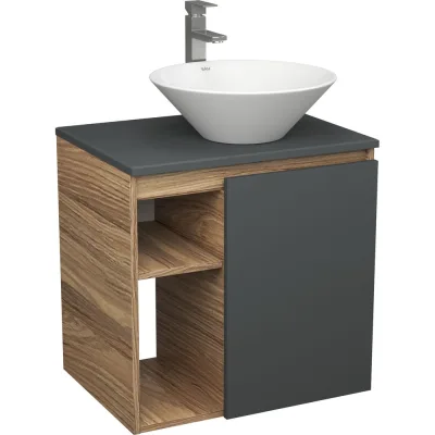 Тумба Bauedge Bau Dream Blackwood 60 правая, графит, раковина BAU Dream D43, смеситель для раковины высокий Hotel Still, нержавеющая сталь SD4257