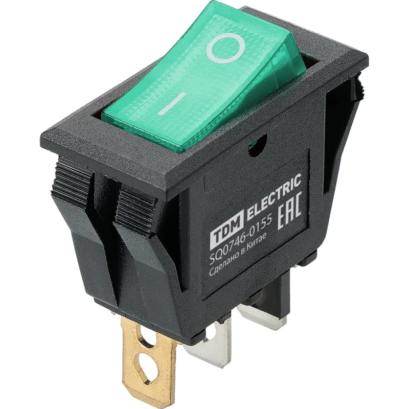Выключатель клавишный TDM ELECTRIC KCD3-101N/B 250В AC/DC, 1P, 15А, (3с), ON-OFF, черный корпус, зеленая клавиша, LED TDM SQ0746-0155