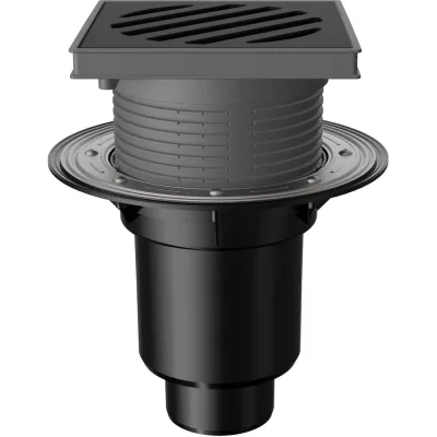 Регулируемый трап Fachmann t 616.1 pnsp 241x241 вертикальный выпуск dn 110/160, с корзинкой и незамерзающим сифоном, с прижимным фланцем, решетка чугунная, пластиковый подрамник 04.094
