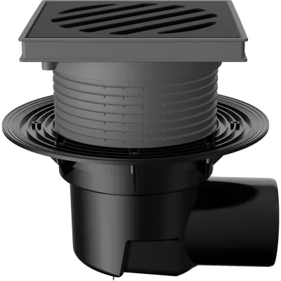 Регулируемый трап Fachmann t 615.0 pnsp 241x241 мм, горизонтальный выпуск, dn 110, с корзинкой и незамерзающим сифоном, без прижимного фланца, решетка чугунная, пластиковый подрамник 04.097