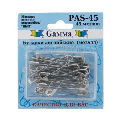 Английские булавки Gamma PAS-45 под серебро, сталь, в блистере, 25 шт, 45 мм 384799