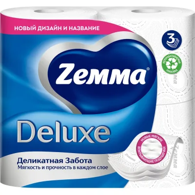 Бумага туалетная ZEWA 3-слойная, 4 рулона (4х18 м), белая, ZEMMA/ Deluxe 32281 126248