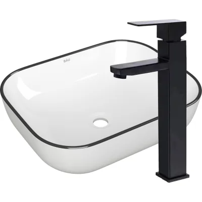 Раковина накладная прямоугольная со смесителем Bauedge BAU Stil (50x40, белая, черный кант + смеситель высокий Hotel Black, черный) BH1130