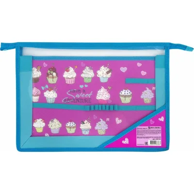 Папка для труда BRAUBERG Cup Cakes А4, 2 отделения, пластик, молния сверху, органайзер 229134