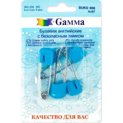 Английские булавки Gamma BUKS-006 с безопасным замком, в блистере, 6 шт, 40 мм, 07 голубой 185893
