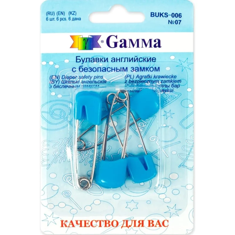 Английские булавки Gamma BUKS-006 с безопасным замком, в блистере, 6 шт, 40 мм, 07 голубой 185893
