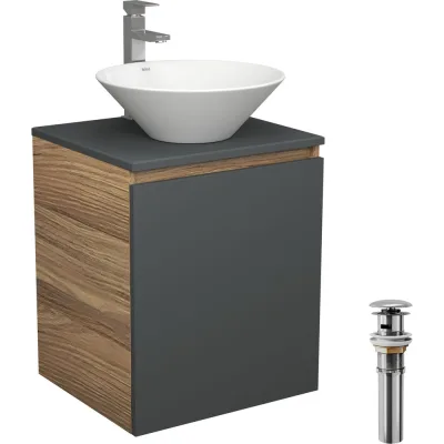 Тумба Bauedge Bau Dream Blackwood 50 графит, раковина BAU Dream D43, смеситель для раковины высокий Hotel Still, нержавеющая сталь, выпуск клик-клак, хром SD4070