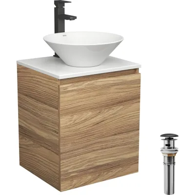Тумба Bauedge Bau Dream Blackwood 50 с дверцей, раковина BAU Dream D43, смеситель для раковины высокий Hotel Black, черный, выпуск клик-клак, черный SD3072