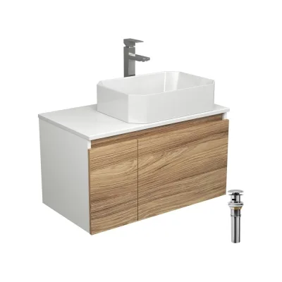 Комплект для ванной Bauedge 4 предмета (Тумба подвесная Bau Blackwood 80 + Раковина BAU Hotel 51x37, Смеситель высокий Hotel Still, нерж. сталь, выпуск) BD2561