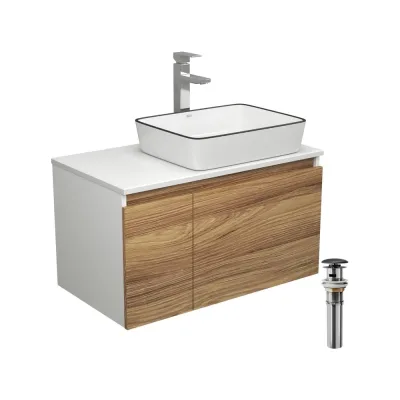 Комплект для ванной Bauedge 4 предмета (тумба Bau Dream 80 + раковина BAU 48x37, белая + смеситель Hotel Still, выпуск клик-клак, черный) BD1755