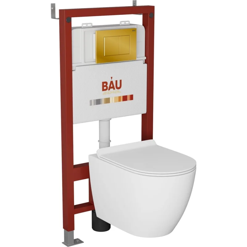 Комплект Bauedge BAU 6 в 1: инсталляция BAU PRO, унитаз подвесной безободковый Bau Dream 49,5x36, сиденье дюропласт микролифт, клавиша BAU Stil, золото Q111300-BL0001-Q00013