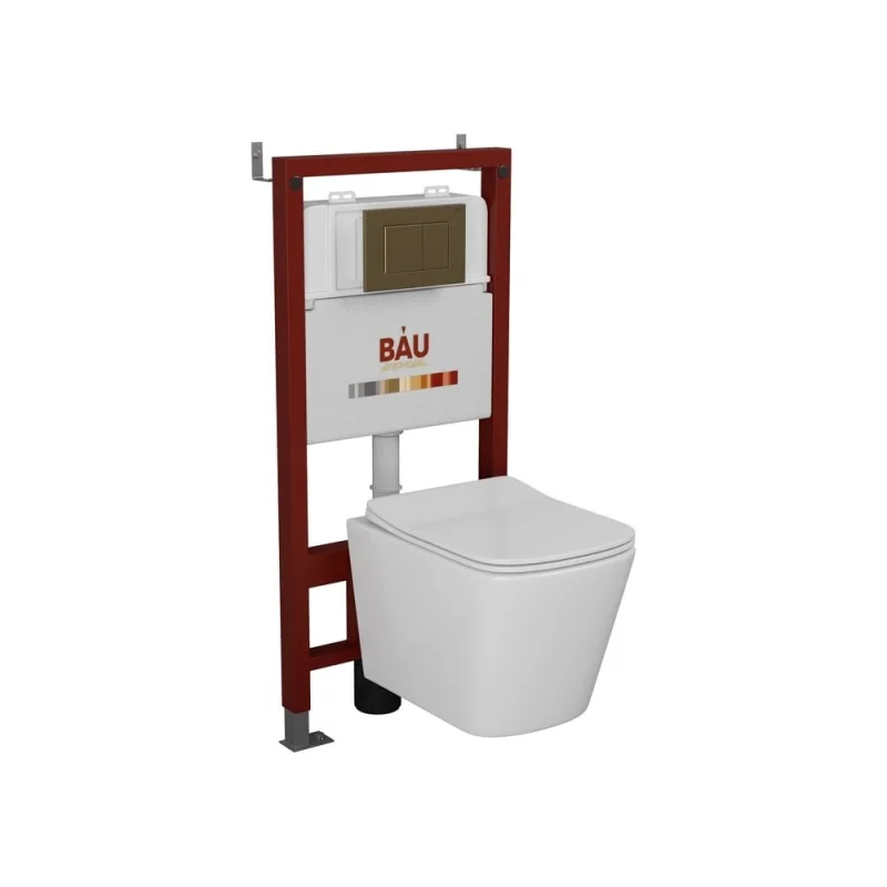 Комплект Bauedge BAU 6 в 1: инсталляция BAU PRO, унитаз подвесной безободковый Bau Stil 51x35, сиденье дюропласт микролифт, клавиша BAU Stil, бронза Q111300-BS0002-Q00012
