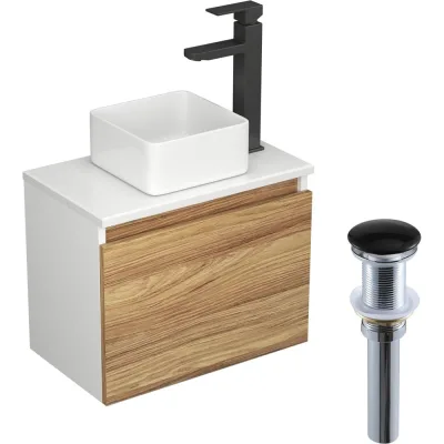 Комплект для ванной Bauedge 4 предмета (тумба Bau Dream Blackwood 50, раковина BAU Mini 24x24, смеситель для раковины высокий Hotel Black, черный, выпуск клик клак, черный) BD1534