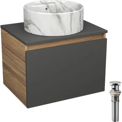 Комплект Bauedge тумба Bau Dream Blackwood графит 60, 1 ящик, раковина круглая накладная BAU Element D41, мрамор, выпуск клик клак хром BD3058