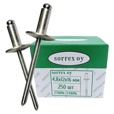 Заклепка SORREX широкий бортик 16 мм, сталь/сталь, 4,8x12, 250 шт. SSLA 48120 250