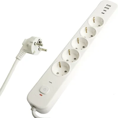 Сетевой фильтр STEKKER 5-местный с/з 3x1мм2, 1,8 м, 250В, 16А, 2 USB-A+2 Type-C, серия Nova, белый, 50102