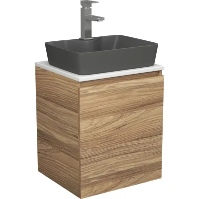 Тумба Bauedge Bau Dream Blackwood 50 с дверцей, раковина BAU Cerama 48х37 темно-серая матовая, смеситель Hotel Still, нерж. сталь SD3180