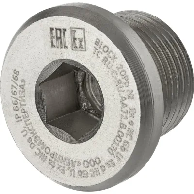 Заглушка BLOCK 20 Рр (никелированная латунь) под вн. шестигранник, М20x1,5 6g, 1Ex db IIC Gb X / 1Ex e IIC Gb X / Ex ta IIIC Da X, IP66/67/68 20 Рр Ni