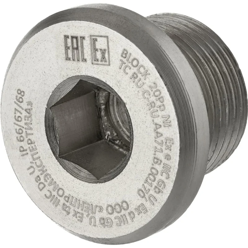 Заглушка BLOCK 20 Рр (никелированная латунь) под вн. шестигранник, М20x1,5 6g, 1Ex db IIC Gb X / 1Ex e IIC Gb X / Ex ta IIIC Da X, IP66/67/68 20 Рр Ni