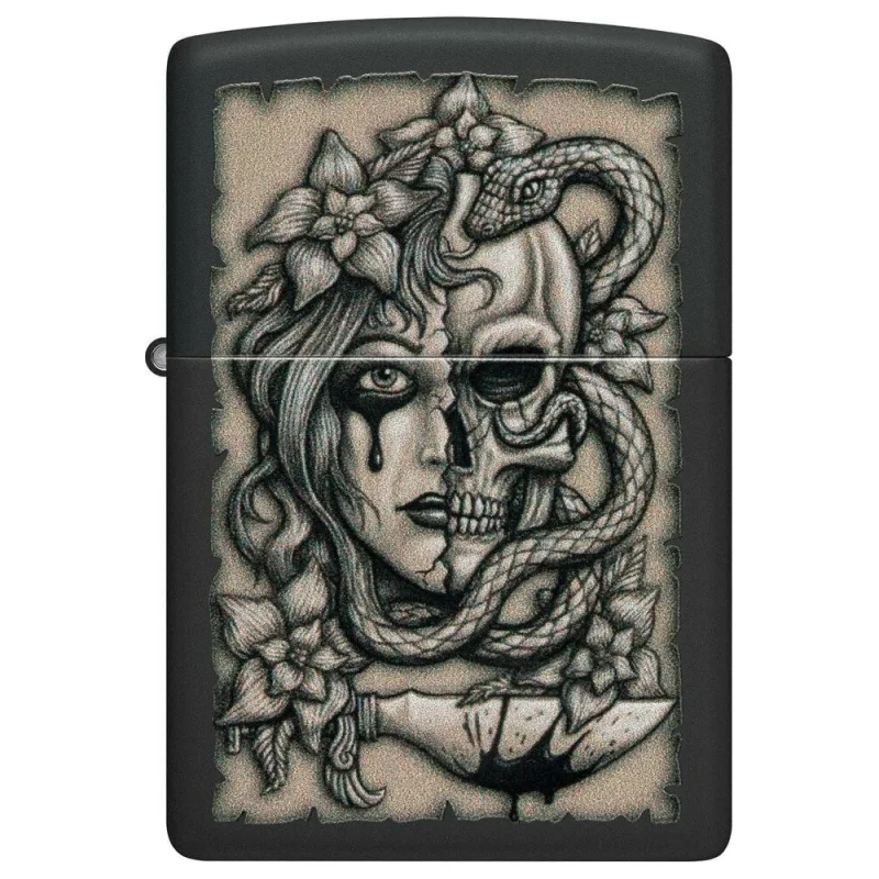 ΠΠ°ΠΆΠΈΠ³Π°Π»ΠΊΠ° Zippo Gory Tattoo Ρ ΠΏΠΎΠΊΡΡΡΠΈΠ΅ΠΌ Black Matte, Π»Π°ΡΡΠ½Ρ/ΡΡΠ°Π»Ρ, ΡΠ΅ΡΠ½Π°Ρ, ΠΌΠ°ΡΠΎΠ²Π°Ρ, 38x13x57 ΠΌΠΌ 48616