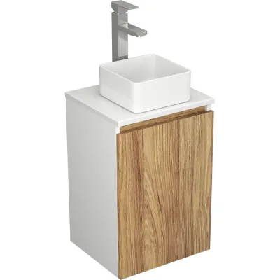Комплект для ванной Bauedge 4 предмета (Тумба Bau Dream Blackwood 40, раковина BAU Mini 24x24, смеситель для раковины высокий Hotel Still, нержавеющая сталь, выпуск клик клак, хром) BD1520