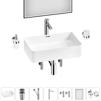Комплект 7 в 1 Wellsee Bathroom Sink накладная раковина 55x37 см состоит из 3331110 20219333R